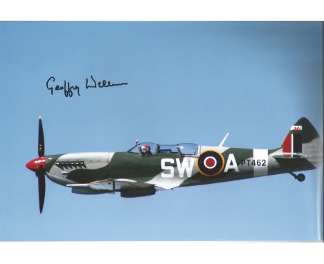 WW2 Battle of Britain fighter ace Geoffrey Wellum signed 12 x 8 inch colour photo of a fighter in flight. Good condition. All