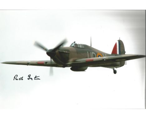 WW2 Battle of Britain fighter ace Bob Foster signed 12 x 8 inch colour photo of a Spitfire in flight. Good condition. All aut