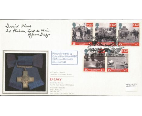 WW2 D-Day Pegasus Bridge Colonel David James Wood MBE MiD Legion d' Honneur signed D-Day cover No. 96 Silk Issue 1994 series.