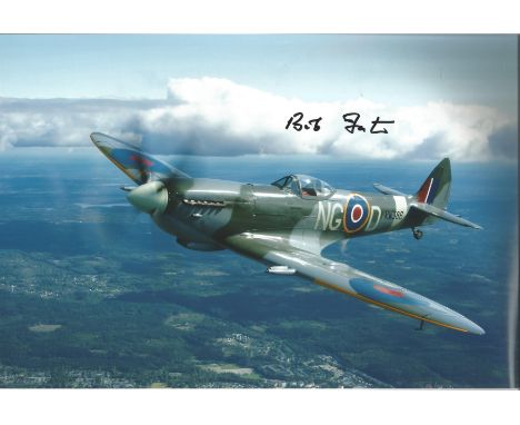 WW2 Battle of Britain fighter ace Bob Foster signed 12 x 8 inch colour photo of a Spitfire in flight. Good condition. All aut