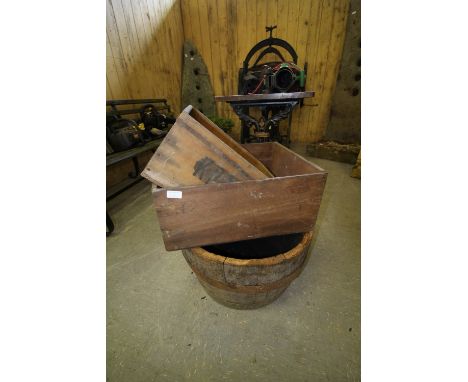 Oak Half Barrel Planter &amp; 2 Vintage Wooden Apple Crates