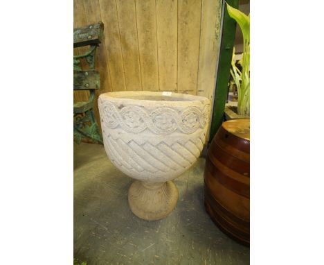 Pair of Mayan Urns - circular planter decorated with Aztec design on circular base
