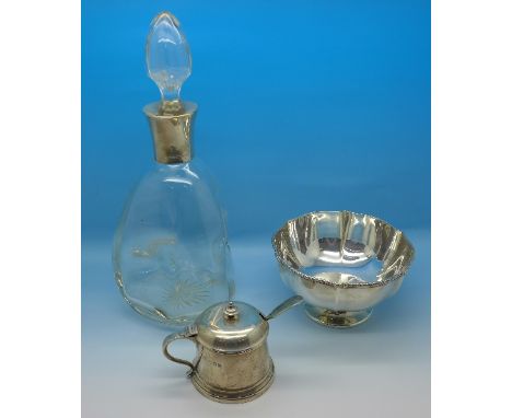 A white metal bowl, a silver mustard, 120g, no liner, with plated spoon and a silver topped decanter