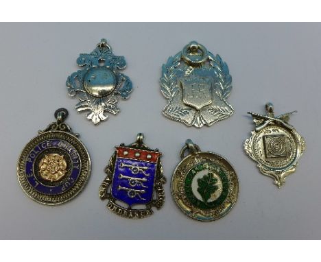 Six silver fobs including Army Ordnance Corps, France May 1915, Rifle Shooting and enamelled Broad Oak Road Club