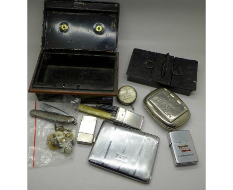 A cash tin, collar studs, four pocket knives, a Zippo lighter, tape measure, snuff box, cigarette box and two chrome vestas