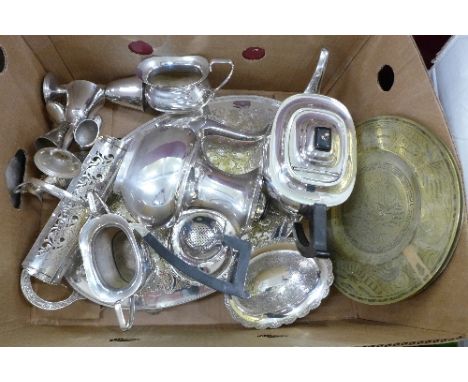 A Viners four piece Corporate Plate tea service, other plated items and two brass trays