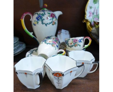 Five Shelley Queen Anne shape cups and saucers, 11497 hand painted marks, and a Royal Cauldon part tea set