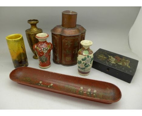 An oriental tea caddy, a papier mache box, a lacquered pen tray and four vases