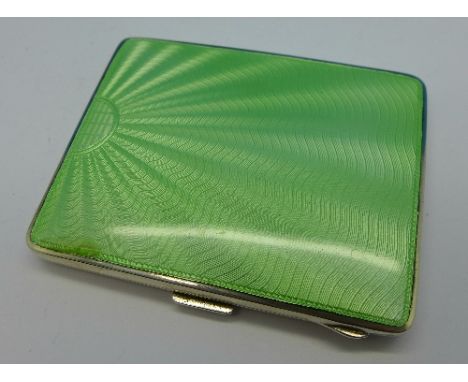 A silver and green guilloche enamel case, Birmingham 1935, by Adie Bros., 84g, enamel a/f