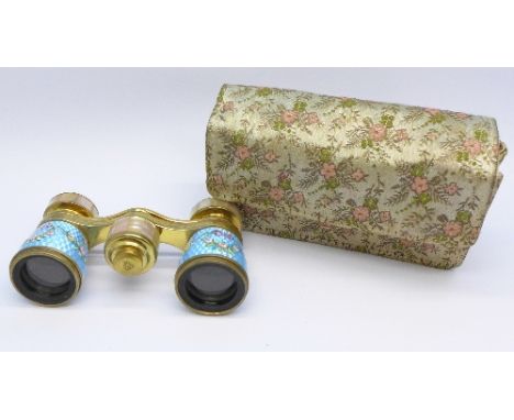 A pair of guilloche enamel and mother of pearl opera glasses in case by Lemaire, Paris, one small chip to enamel