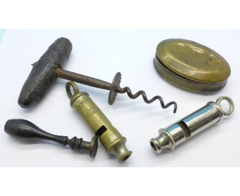 Two police whistles, a miner's snuff box, a/f, a corkscrew and seal