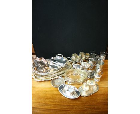 SILVER PLATE - a mixed lot of silver-plate and pewter tankards, beakers, oven to table ware, trays, sauce boats and drinking 