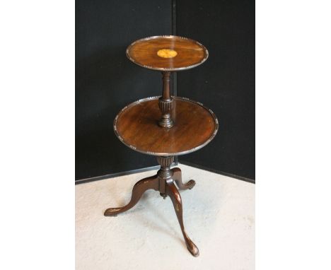 WINE TABLE - a late Edwardian mahogany inlaid tripod two tier wine table, (top reglued).