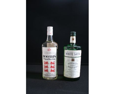 GIN - a bottle of Booth's finest dry gin 40%vol, 75cl 26 2/3Flozs and a bottle of White Satin gin 40% Vol 75cl.