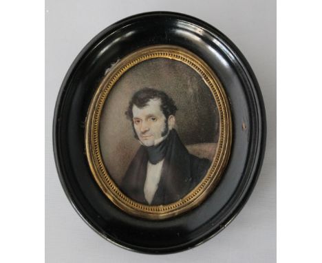 PORTRAIT MINIATURE - a early C19th miniature of a gentleman on ivory, framed in a oval black frame, accompanied with two rece