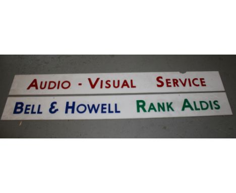BELL & HOWELL - two vintage advertising signs made from Perspex to include 'Bell & Howell Rank Aldis' and 'Audio-Visual Servi