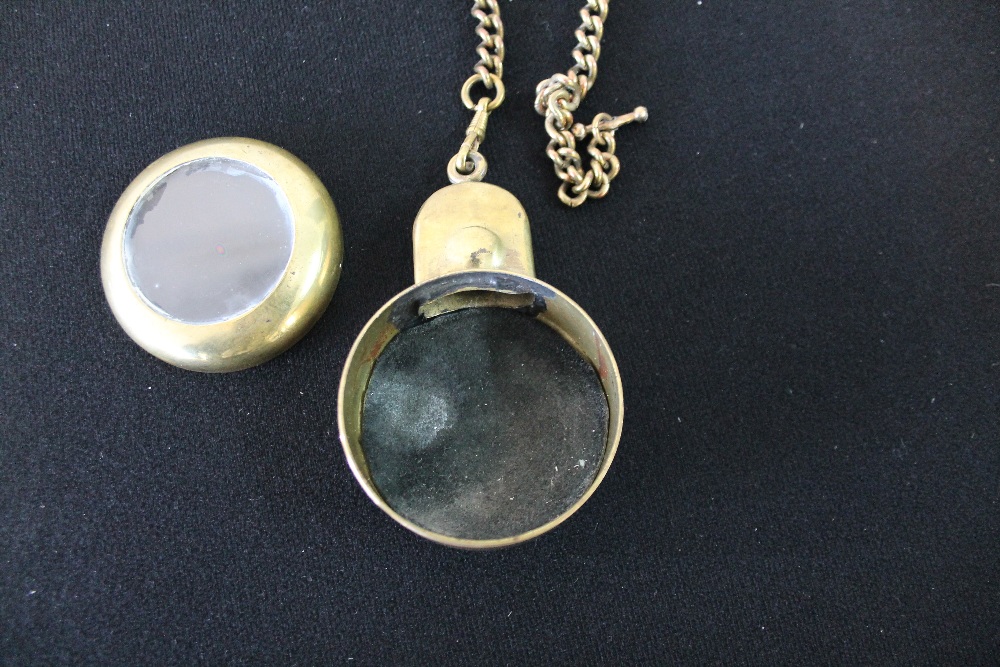 MINERS BRASS POCKET WATCH CASE a brass case on a 17" long brass chain.
