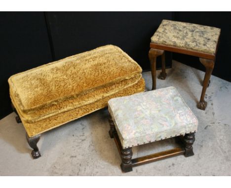 FOOTSTOOLS - a collection of three footstools to include a 1910s Edwardian ball and claw footed tapestry covered footstool me