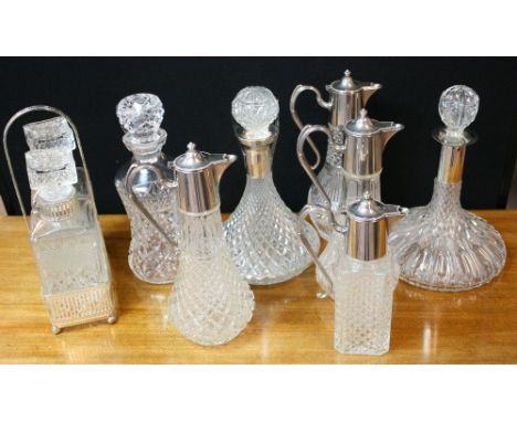 DECANTERS - a selection of sherry, port, claret and whisky glass decanters, one cut glass decanter and 8 pressed glass 1970s.