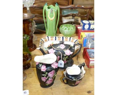 Crown Ducal rose on black tea service, Losol fish, green glass and Continental pottery vases