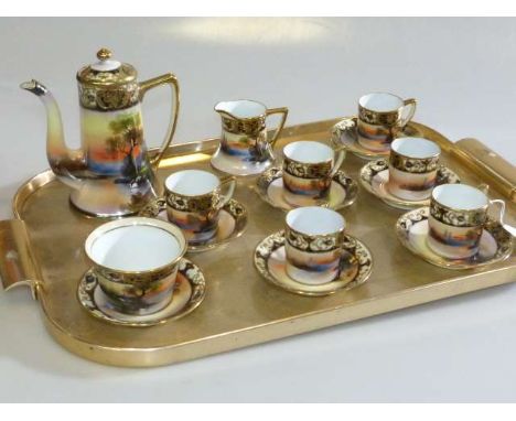 Noritake hand painted coffee set, swan in river side landscape decoration