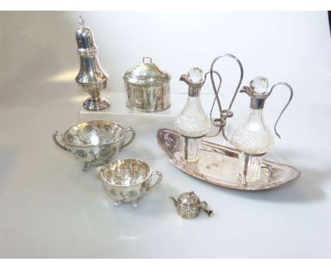 Silver-plate including tea caddy, sugar and cream, sugar caster, etc