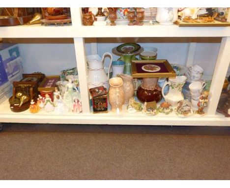 Six Royal Doulton figures, Coalport figure, Goebel figure, Masons Green Chartreuse, wall clock, jugs, vases, etc