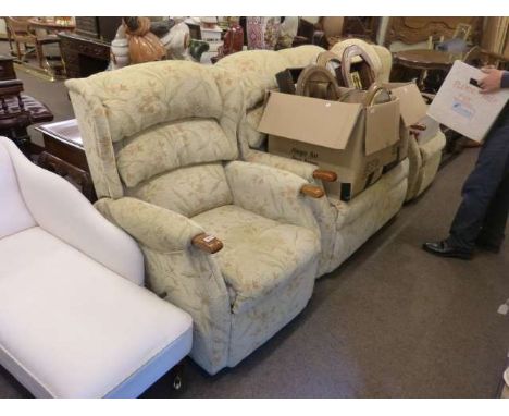 Hackett & Baines three piece lounge suite including one chair reclining, oil lamp and glassware