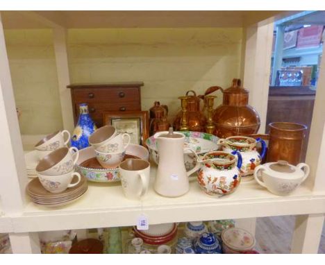Set of four graduated Guernsey milk jugs, pair brass candlesticks, miniature mahogany chest, barometer, Poole pottery, Clews 
