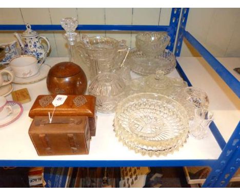 Glass decanter, dressing table set, glassware, tea caddy, cigarette box and pair binoculars