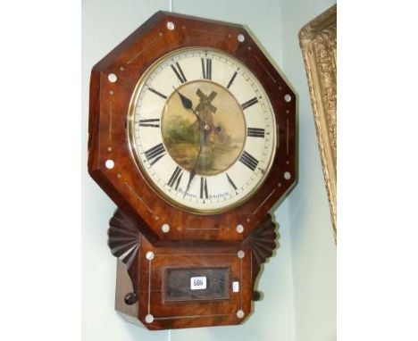 19th Century rosewood and mother-of-pearl inlaid automata windmill drop dial wall clock, single fusee movement with anchor es