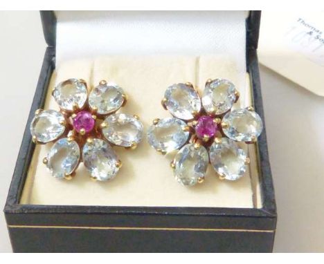 Pair of aquamarine and ruby earrings, each stamped 14K
