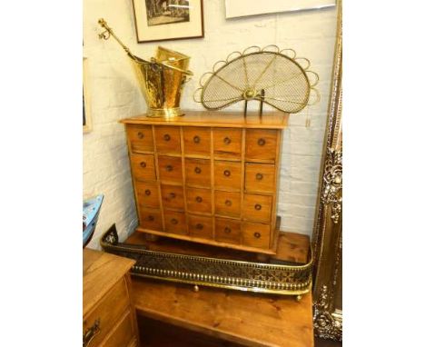 Pierced brass fender, fan fire guard, brass coal helmet and poker