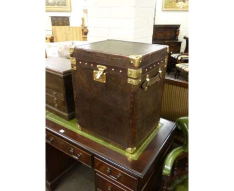 As new brown leather and metal bound storage trunk