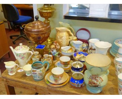 Copper urn, brass table lamp, Noritake and other china, etc