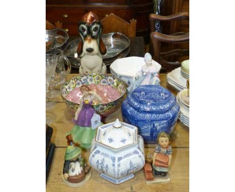 Goebel girl figure and two children figures, Maling fruit bowl and Ringtons caddy, Royal Doulton figure, etc