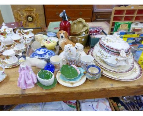 Large Victorian tureen and plates, Royal Worcester figure, decorative china, brass planter, Beswick Siamese cat, Staffordshir