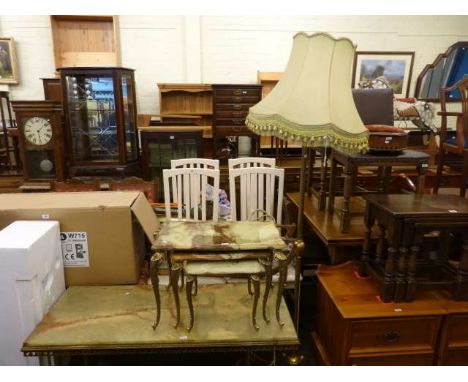 Rectangular onyx and gilt coffee table, onyx and gilt nest of three tables and gilt tripod standard lamp and shade