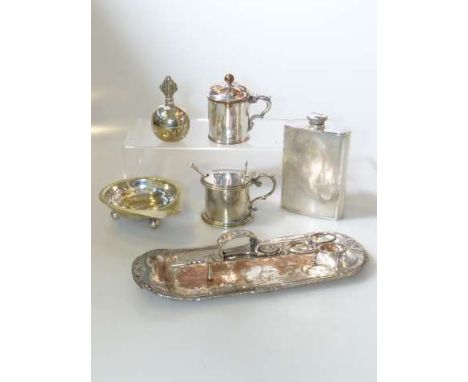 Silver-plate including candle snuffers and tray, spirit flask, Old Sheffield mustard, etc