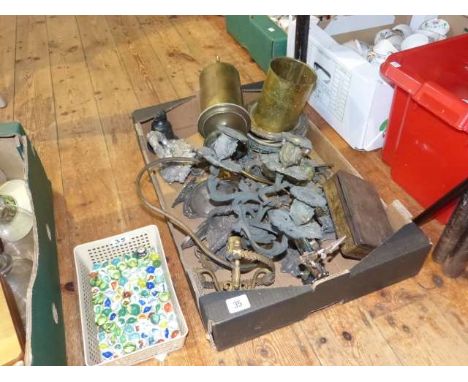 Box of old metal lamp mounts etc and box of marbles