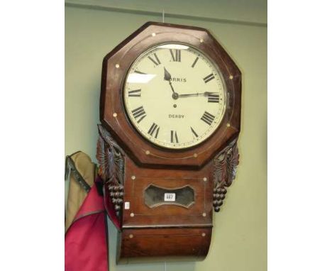 Victorian rosewood and mother of pearl inlaid fusee drop dial wall clock, 11½ inch circular dial signed Morris, Derby