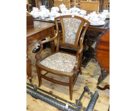 Edwardian mahogany and satinwood inlaid floral tapestry panel back elbow chair