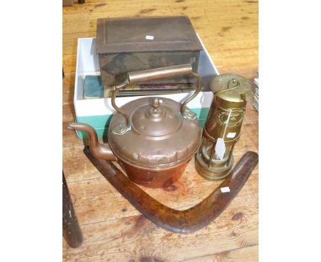 Miners lamp, copper kettle, boomerang, bullet flask, box and tin of collectables