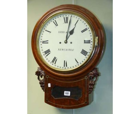 A mahogany wall clock, signed Reid & Sons, Newcastle, 12 inch dial with Roman numerals, twin fusee movement