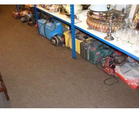 Sack barrow, trolley jack, two pillar drills, Clarke welder, power tools, clamps, pictures, etc