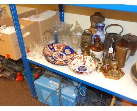 Pair Imari plaques, Imari bowl, Lucas Sentry lamp, miners lamp, metal wares, glassware, two boxes of linen, etc