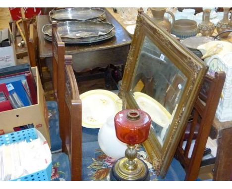Victorian ruby glass oil lamp, Shelley meat plate and gilt framed mirror (3)
