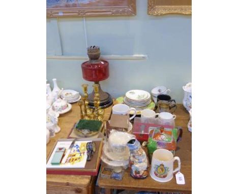 Victorian ruby glass oil lamp, brass candlesticks, compass, china, collectables, etc