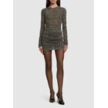 BRAND NEW SAINT LAURENT ALLOVER DOT PRINT TULLE LONG SLEEVED DRAPED DRESS Size S. RRP £2600. (AO).