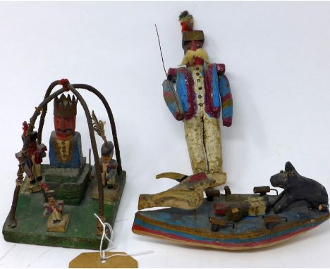 Three scratch built folk art models, to include a King with soldiers, a model of a boat with a bird and a dog standing over a